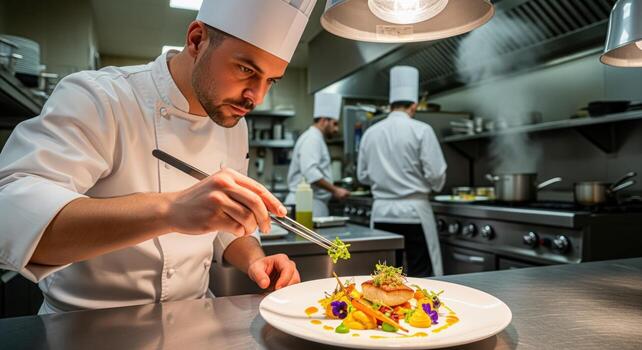 A chef's hands finishing a gourmet plate