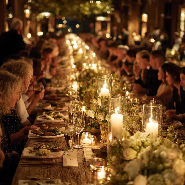 Candlelit catered reception table set for guests